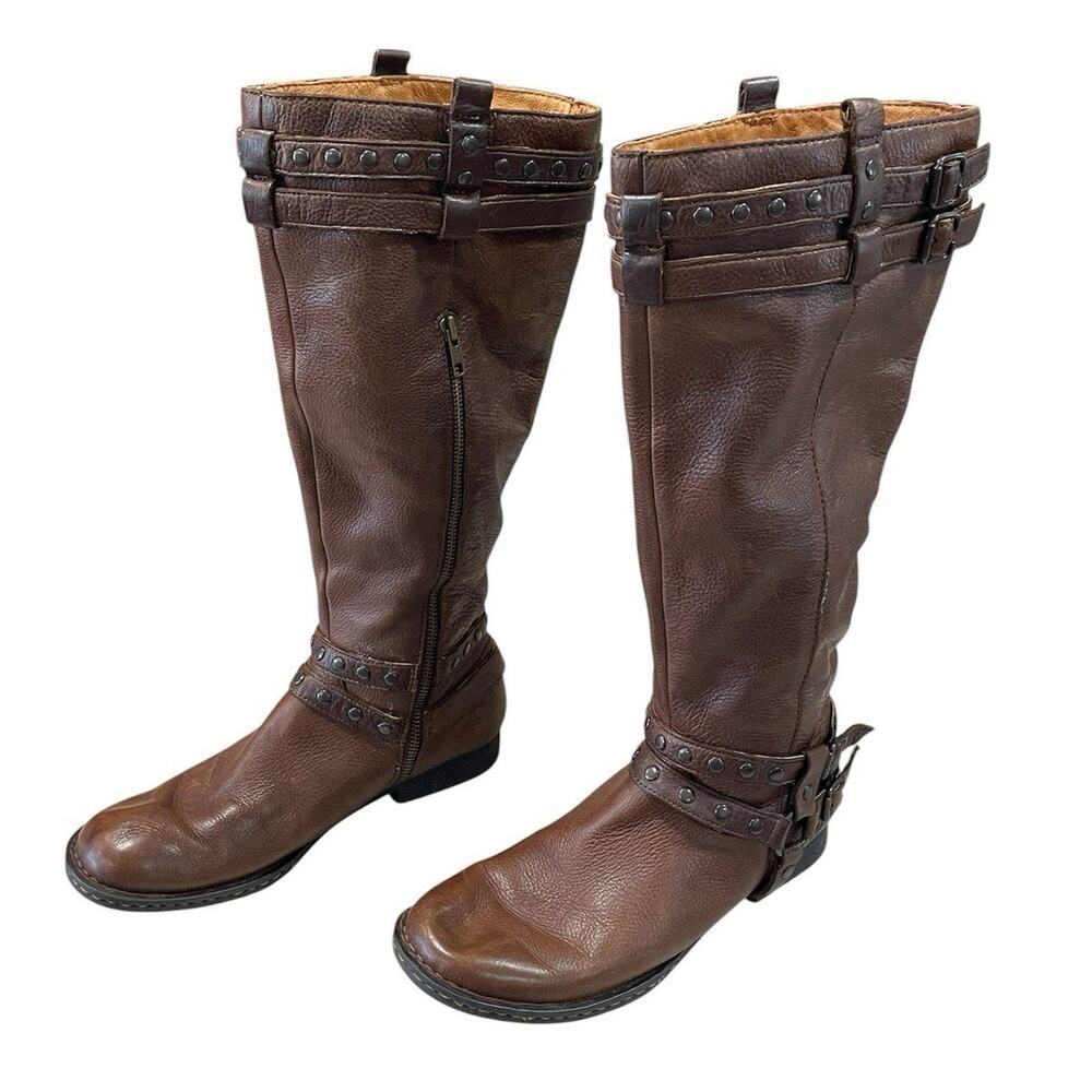 BORN Brown Leather Knee High Riding Boots Women’s Size 9 Harness Accents /Zipper